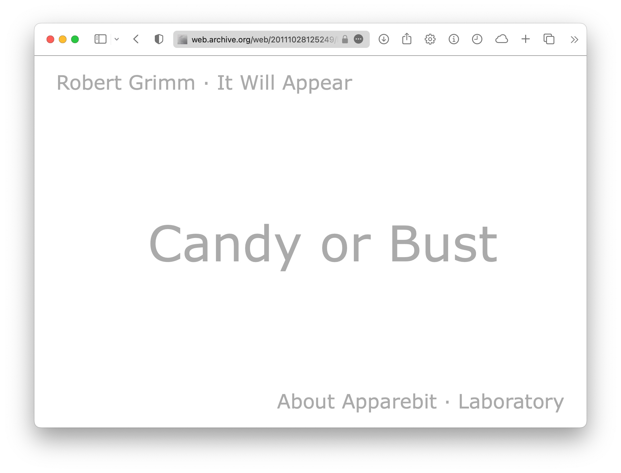 Screenshot of Apparebit’s first version featuring large, light grey Helvetica lettering on a white background