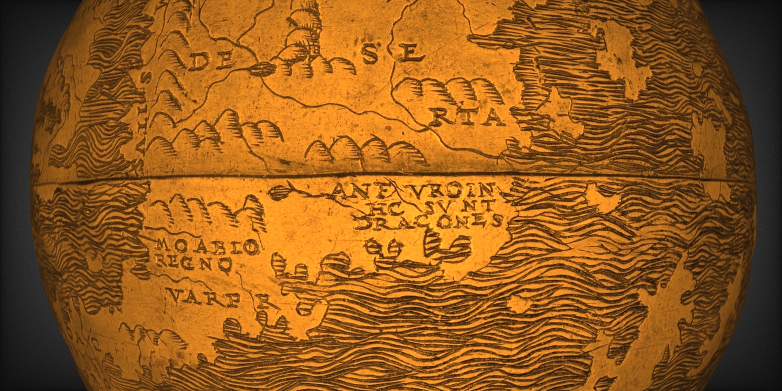 The copper-toned surface of the Hunt-Lenox globe combines two physical hemispheres, with a clear gap showing along its aquator. WHile land is mostly smooth, the seas are textured with engraved waves