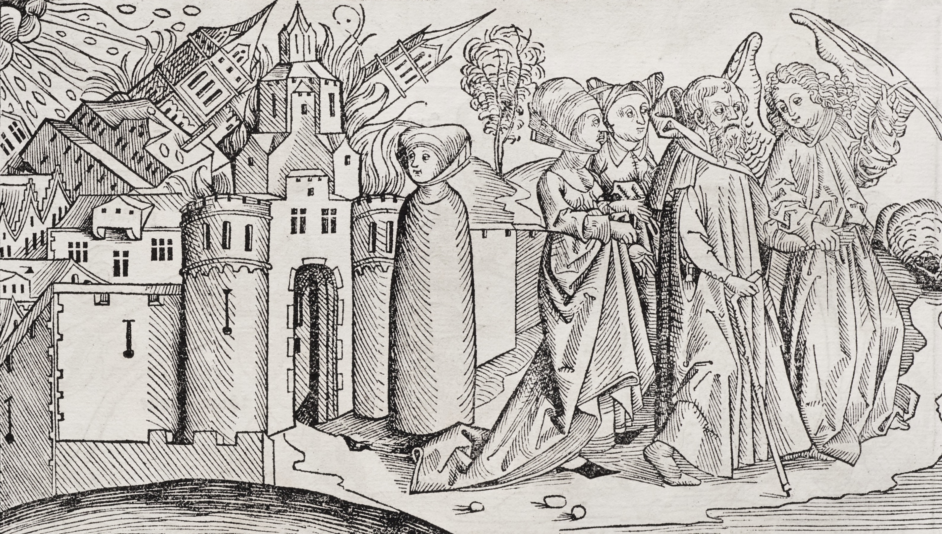 wood cut showing, from right to left, an angel leading Lot and his two daughters
       away from his wife turned salt pillar and a burning Sodom, its towers collapsing;
       people’s dress and buildings resemble those of Nuremberg ca. 1500, the location
       and time of the wood cutter, and not some Middle Eastern place, whether real or
       imagined